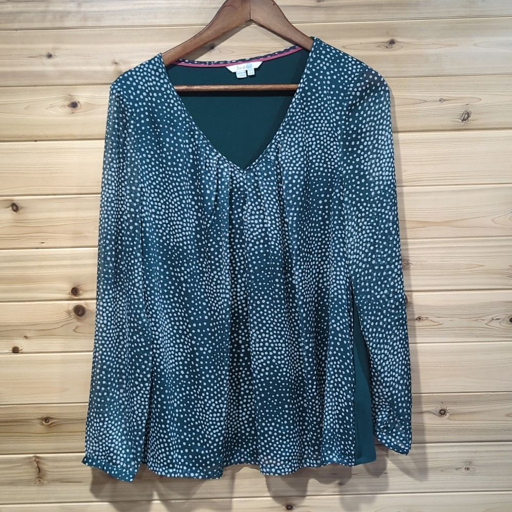 Boden Top Womens 12 Green Polka Dot Long Sleeve Blouse
